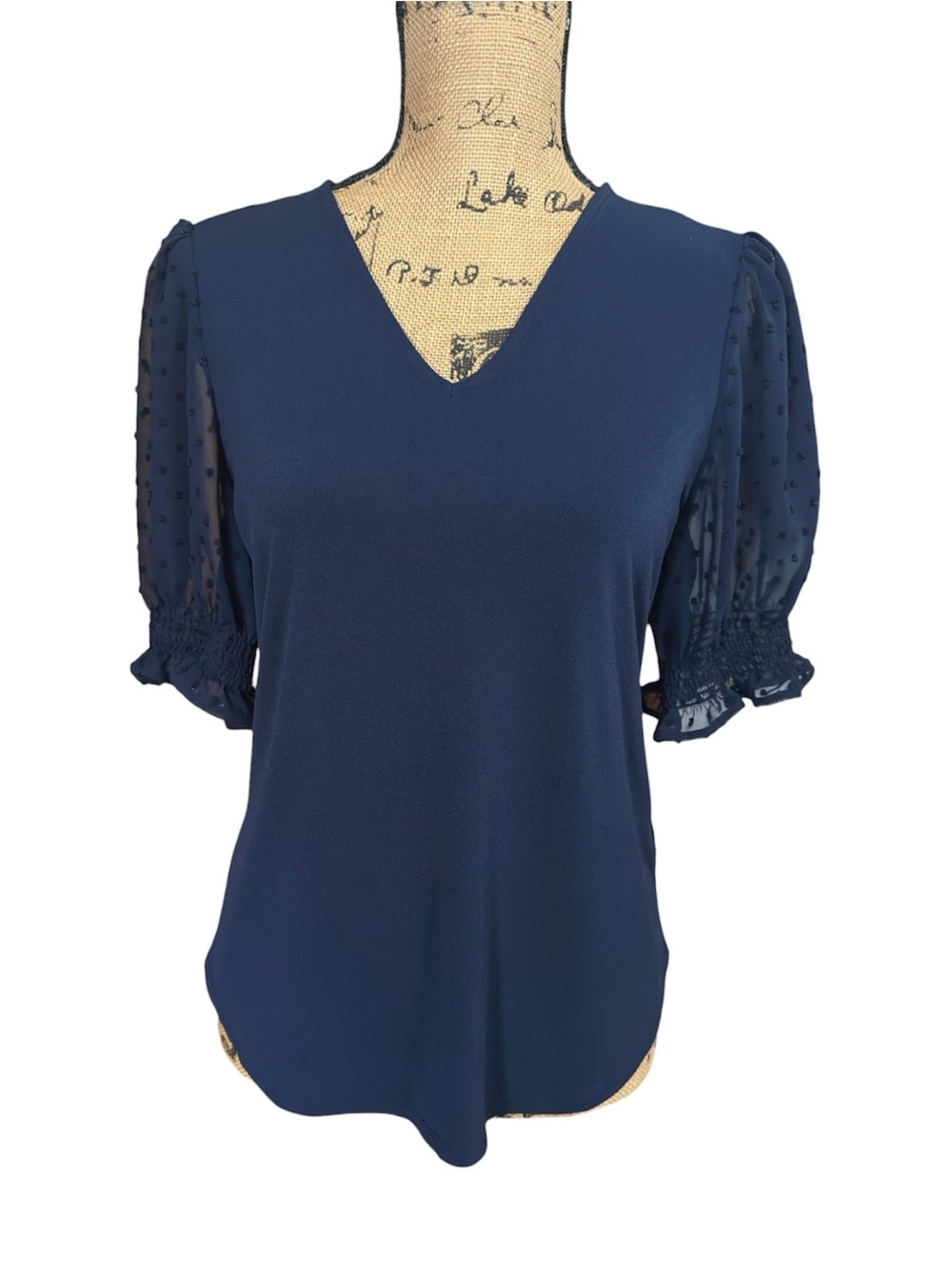 Adrianna Papell Navy Blue Crepe V-Neck Top Swiss Dot Sheer Sleeve Blouse Size S